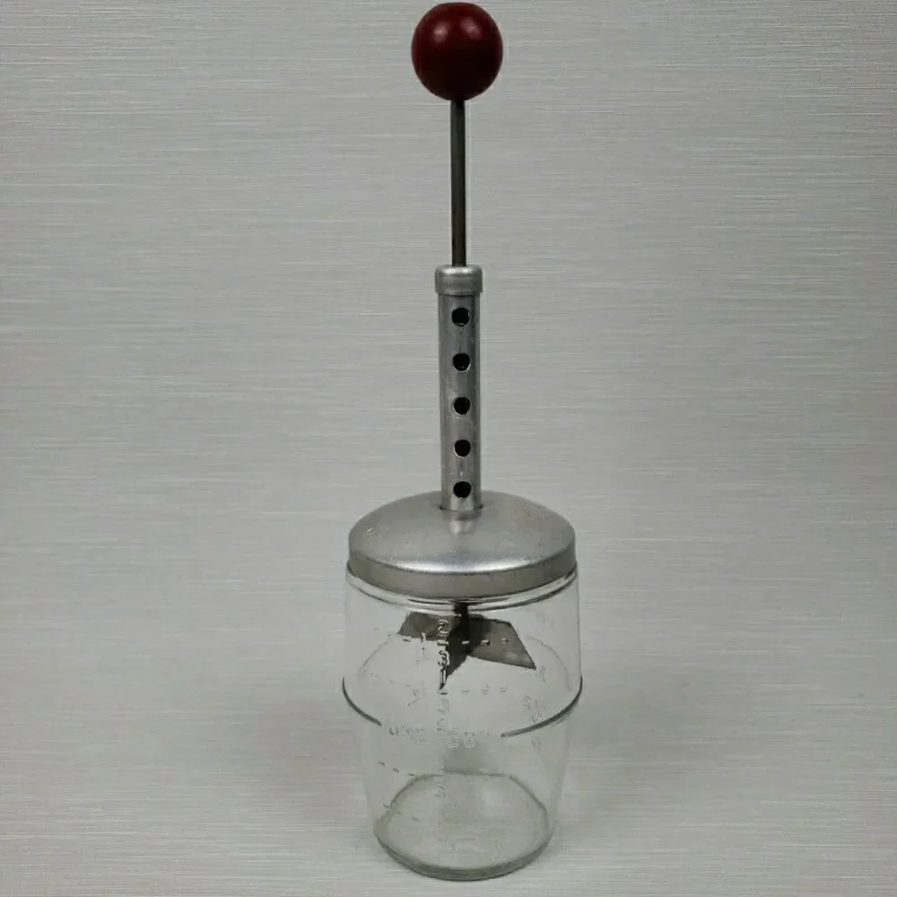 Vintage 14 oz Nut Chopper Red Wood Knob Glass Jar MCM Kitchen Gadget